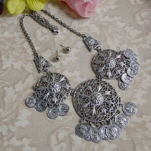 Boho Silver Discs with Coins Necklace Set
